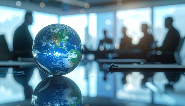 Global Vision: A conference table is the focal point, reflecting the globe which symbolizes a global team coming together to strategize and collaborate.