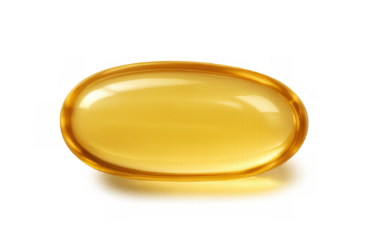 Golden fish oil capsule representing healthy diet, nutrient rich supplement, and essential omega 3 fatty acids on a transparent background