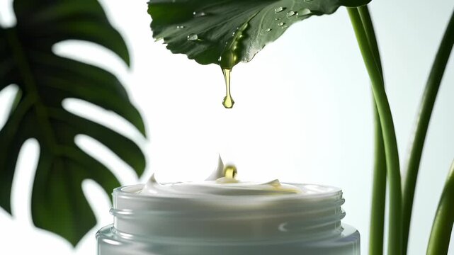 Organic Beauty Products: Natural essence from green leaf infuses rich skincare cream, symbolizing healthy, pure, and sustainable ingredient development.