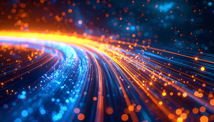 Digital Highway: A vivid abstract depiction of a data stream flowing at high speed, represented by brilliant streaks of light against a dark backdrop. Illustrating the rapid exchange of information