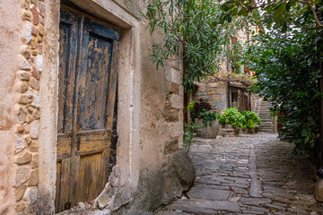 Picture from the town of Groznjan with idyllic cobbled streets and buildings made of natural stone, Istria, Croatia