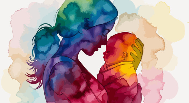 Modern watercolor style illustration of mother and baby, representing love and tenderness, perfect for pregnancy and family themes