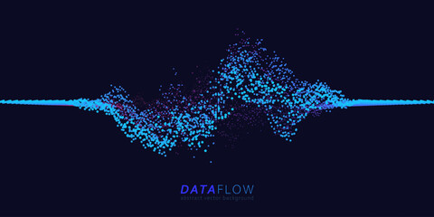 Big Data Flow wavy point lines. Minimalistic neural network information analysis. Digital dynamic qubits of data. AI technology voice print