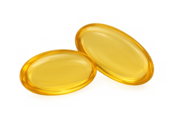 Golden softgel capsules for health, diet, and nutrition, containing omega-3 fish oil, vitamins, or dietary supplements