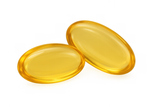 Golden softgel capsules for health, diet, and nutrition, containing omega-3 fish oil, vitamins, or dietary supplements