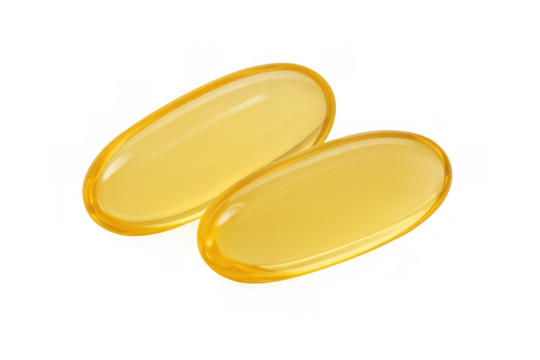 Two omega-3 fish oil capsules providing health supplements and essential vitamins, isolated on transparent background