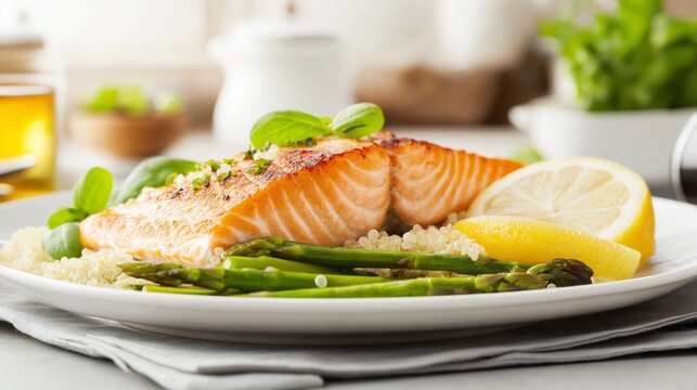 glowing plate of grilled salmon, asparagus, and quinoa served with a side of lemon, sitting on a neatly set table with warm lighting