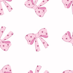 Seamless bow pattern with hearts on a white background. Vector illustration for printing. Cute baby background for girls