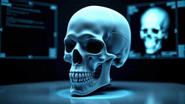 Skull: cranial anatomy, facial bones, medical imaging, x-ray views, digital render, anatomical study, detailed illustration, forensic analysis, human head structure, 3D visualization