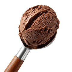 A single scoop of rich textured chocolate ice cream held in a classic metal scooper with a wooden handle against a , isolated on transparent background, perfect cutout, PNG