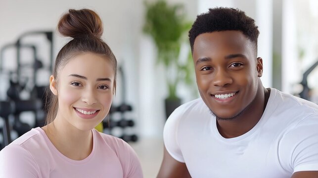 fitness trainer helping a client lift weights in a modern gym, both smiling with encouragement, with bright natural lighting and sleek equipment