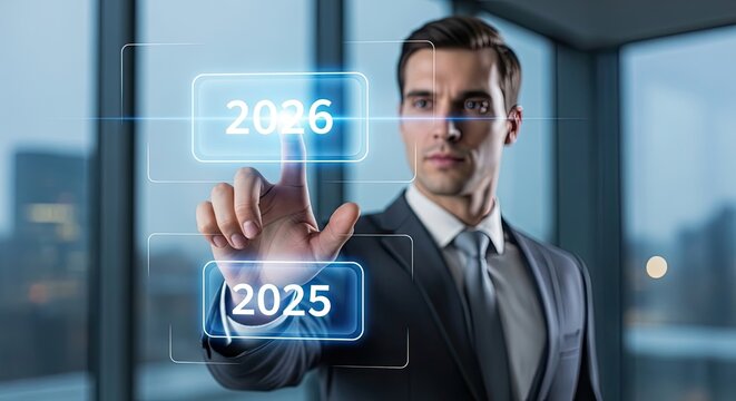 A determined leader with focused gaze selects his future goal on a digital interface. The shot highlights vision, decision-making, and anticipation.