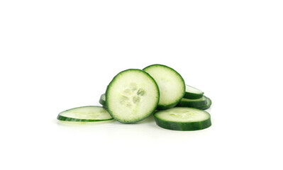 Cucumber cut isolated, cucumber round slices, green vegetable cuts for salad isolated