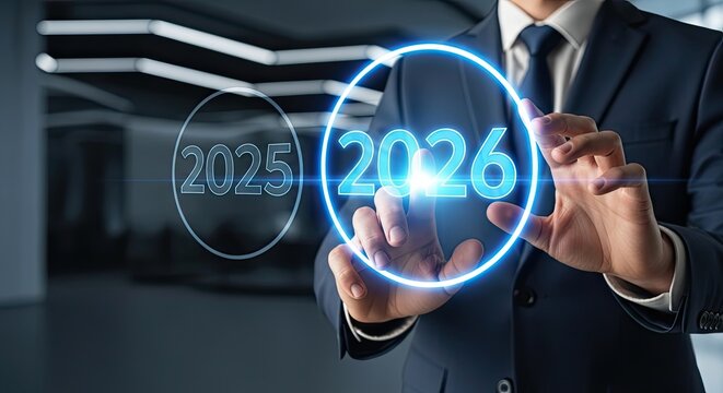 A person in formal attire interacting with a digital interface, representing the upcoming year 2026. This dynamic image blends modern technology with business foresight.