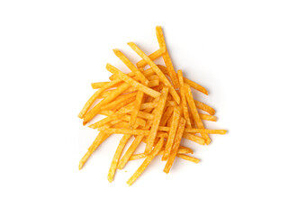 Fried chips sticks isolated, finger potato chips, golden shoestring fries pile, French fries