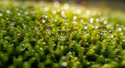 Close-up macro shot of dew drops on vibrant green moss in a forest, soft sunlight filtering through leaves, shallow depth of field, ultra-detailed nature texture