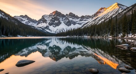 A peaceful mountain lake reflecting snow-capped peaks under golden morning light, crystal clear water, serene atmosphere, hyperrealistic landscape photography