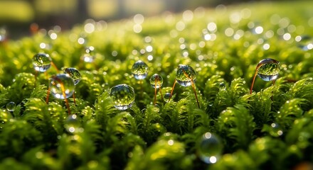 Close-up macro shot of dew drops on vibrant green moss in a forest, soft sunlight filtering through leaves, shallow depth of field, ultra-detailed nature texture