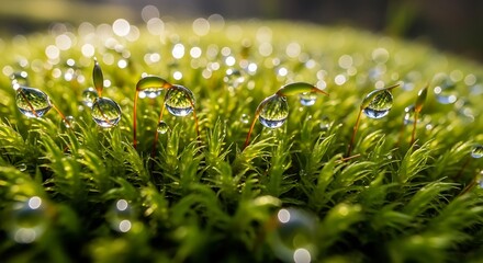 Close-up macro shot of dew drops on vibrant green moss in a forest, soft sunlight filtering through leaves, shallow depth of field, ultra-detailed nature texture