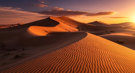Vast desert landscape with sand dunes under a dramatic sunset sky, wind patterns visible on sand, 8K resolution, cinematic wide-angle composition