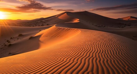 Vast desert landscape with sand dunes under a dramatic sunset sky, wind patterns visible on sand, 8K resolution, cinematic wide-angle composition