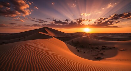 Vast desert landscape with sand dunes under a dramatic sunset sky, wind patterns visible on sand, 8K resolution, cinematic wide-angle composition