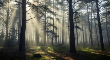 Foggy pine forest in early morning light, sunbeams piercing through trees, atmospheric mood, high dynamic range, cinematic landscape photography