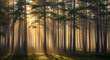 Foggy pine forest in early morning light, sunbeams piercing through trees, atmospheric mood, high dynamic range, cinematic landscape photography
