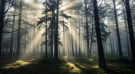 Foggy pine forest in early morning light, sunbeams piercing through trees, atmospheric mood, high dynamic range, cinematic landscape photography
