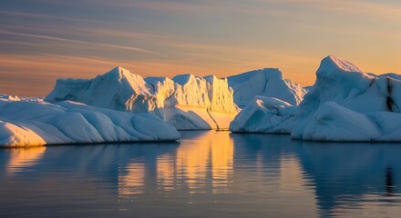 Majestic Arctic landscape with floating icebergs and calm blue water, golden hour light, minimalistic composition, detailed texture on ice