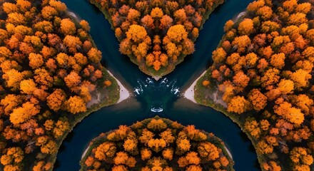 Aerial drone view of a winding river through autumn forest, orange and yellow foliage, warm tones, symmetrical composition, ultra-sharp 8K photo