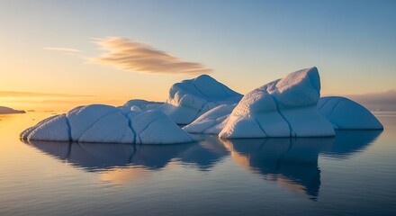 Majestic Arctic landscape with floating icebergs and calm blue water, golden hour light, minimalistic composition, detailed texture on ice
