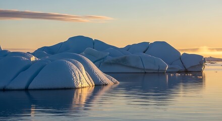 Majestic Arctic landscape with floating icebergs and calm blue water, golden hour light, minimalistic composition, detailed texture on ice
