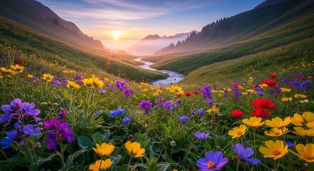 Wildflowers blooming in a mountain valley at sunrise, soft natural lighting, realistic colors, ultra-detailed photography style