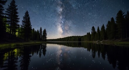 Obraz premium Starry night sky over a quiet forest lake, Milky Way visible, long exposure effect, natural reflections on water, photorealistic night landscape