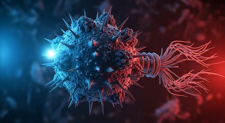 Microscopic 3D render of a virus cell with detailed surface spikes, glowing blue and red lighting, scientific realism, macro photography style, 8K resolution