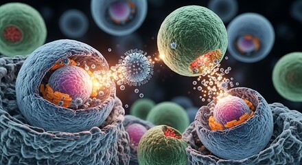 Digital visualization of viral infection spreading through human cells, biological illustration, glowing particles, medical science concept, high detail 8K