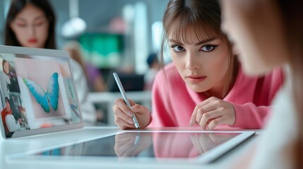 close-up of hands drawing concept art on a tablet, with other designers collaborating at a sleek table in the blurred background of a modern creative studio