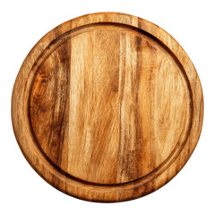 A round wooden cutting board with a rich grain texture and a carved groove is shown from directly above against a plain , isolated on transparent background, perfect cutout, PNG