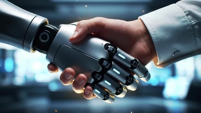 Robot Human Handshake: A male professional and robotic arm engage in collaborative innovation, symbolizing artificial intelligence's future and digital technology partnership.