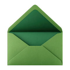 A beautiful textured green envelope with a dark green liner is shown open against a stark , isolated on transparent background, perfect cutout, PNG