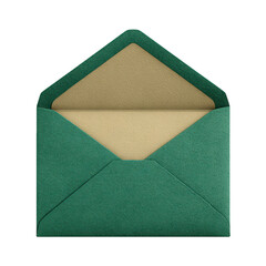 A textured dark green envelope shown open with a contrasting light brown interior liner against a stark , isolated on transparent background, perfect cutout, PNG