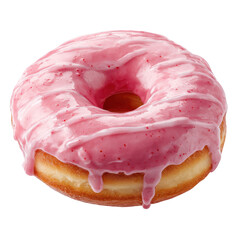 A delicious strawberry frosted donut with shiny pink icing dripping down its sides isolated on a plain , isolated on transparent background, perfect cutout, PNG