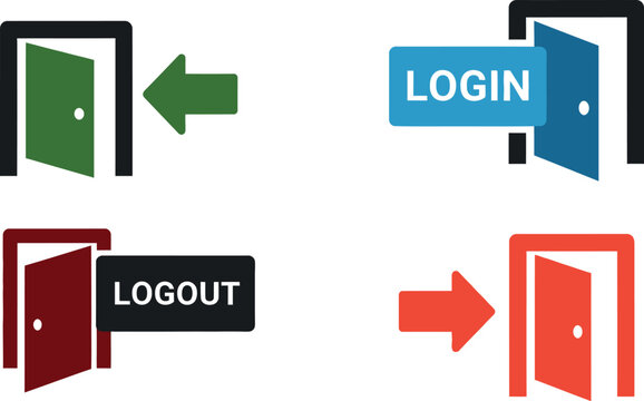Login logout access control system entry exit door icons vector illustration set