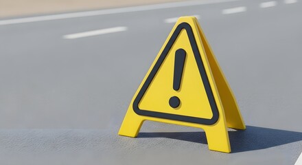 A yellow triangular warning sign with an exclamation point on a gray asphalt road surface with lines
