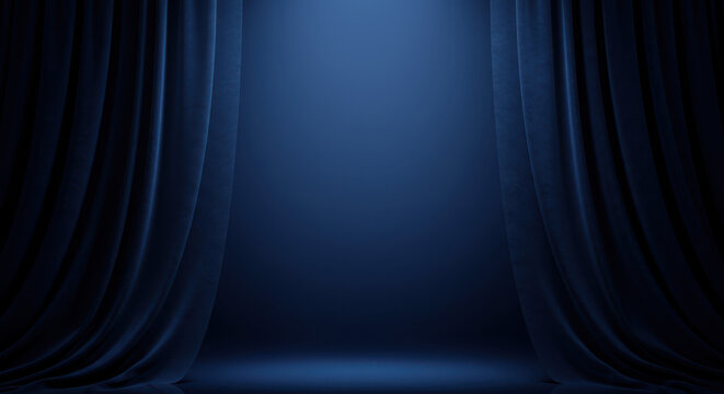 Elegant blue stage curtains with spotlight, luxury theater velvet drapes background, cinematic empty stage for performance and award ceremony