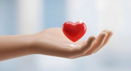 Fototapeta premium A red heart floating above an open hand against a blurred light blue and white background studio shot