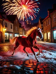 A golden-maned horse gallops through the winter streets of an old town, surrounded by fireworks and a festive atmosphere, a mystical, fairy-tale illustration. New year background