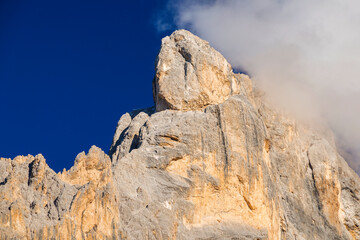 Scenic autumn landscape of Cimon della Pala (The Matterhorn of Dolomites) peak (384m), climbed for the first time by the alpinists Edward Robson Whitwell, Santo Siorpaes  and Christian Lauener