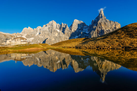 Late autumn scenic landscape of Baita Segantini in Trentino Alto Adige, Pale di San Martino, Italy, Dolomites, Europe